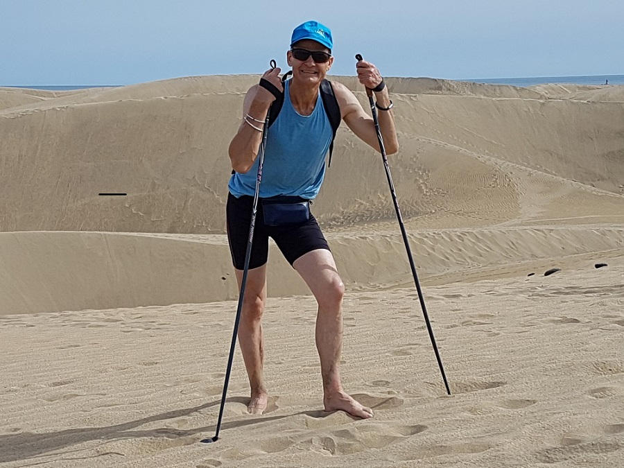 Ski walking in Gran Canaria during the spring. It's good low intensity endurance training for building a base. Ski walking on the beach in Gran Canaria in the spring is perfect to build a base with low intensity endurance training.